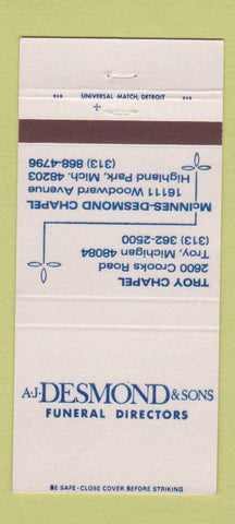 Matchbook Cover - AJ Desmond Sons Funeral Home Highland Park Troy MI 30 Strike