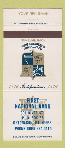 Matchbook Cover - First National Bank Ontonagon MI 30 Strike