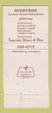 Matchbook Cover - Dionysos Restaurant Greek Detroit MI 30 Strike