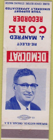Matchbook Cover - J Manfred Core Recorder Democrat Marion County IN