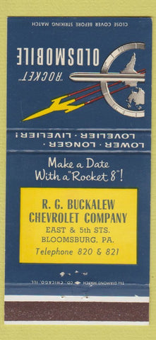 Matchbook Cover - Oldsmobile Rocket Chevrolet Bloomsburg PA 30 Strike