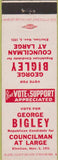 Matchbook Cover - George Bigley Councilman Republican Youngstown OH?