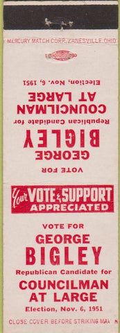 Matchbook Cover - George Bigley Councilman Republican Youngstown OH?
