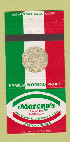 Matchbook Cover - Moreno's Liquors Chicago IL Mexican 30 Strike