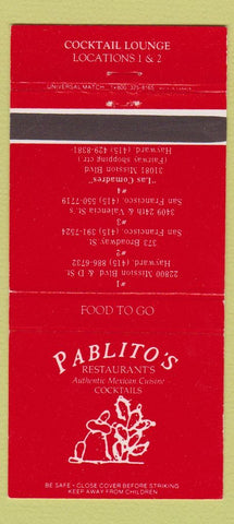 Matchbook Cover Pablito's Mexican Restaurant Hayward San Francisco CA 30 Strike