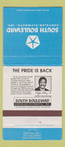 Matchbook Cover - South Boulevard Chrysler Plymouth Charlotte NC 30 Strike