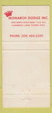 Matchbook Cover - Monarch Dodge Lauderdale Lakes FL 30 Strike