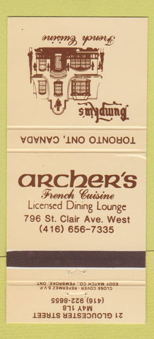 Matchbook Cover - Archer's French Restaurant Toronto ON 30 Strike