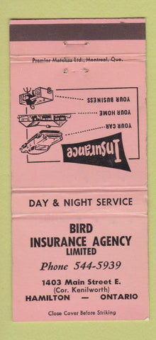 Matchbook Cover - Bird Insurance Hamilton ON WEAR 30 Strike