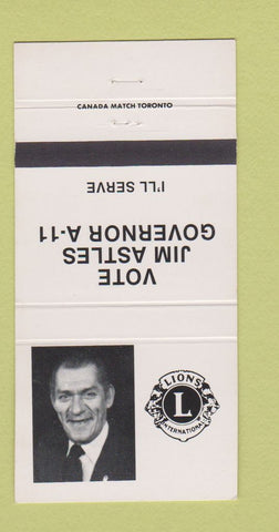 Matchbook Cover - Lions Club Jim Astles for Governor Canada 30 Strike