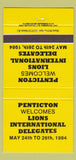 Matchbook Cover - Lions Club Penticton BC 1984 YELLOW 30 Strike