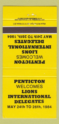 Matchbook Cover - Lions Club Penticton BC 1984 YELLOW 30 Strike