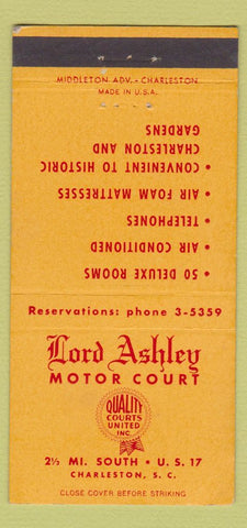 Matchbook Cover - Lord Ashley Motor Court Charleston SC 30 Strike