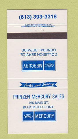 Matchbook Cover - Ford Mercury Prinzen Bloomfield ON 30 Strike