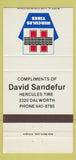 Matchbook Cover - Hercules Tires David Sandefur Arlington tX 30 Strike