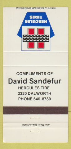 Matchbook Cover - Hercules Tires David Sandefur Arlington tX 30 Strike