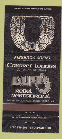 Matchbook Cover - Duff's Rebel Restaurant Winchester VA 30 Strike