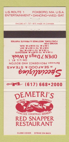 Matchbook Cover - Demetri's Red Snapper Restaurant Foxboro MA 30 Strike