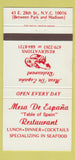 Matchbook Cover - Mesa De Espana Restaurant New York City 30 Strike