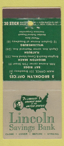 Matchbook Cover - Lincoln Savings BANk Brooklyn NY 30 Stick