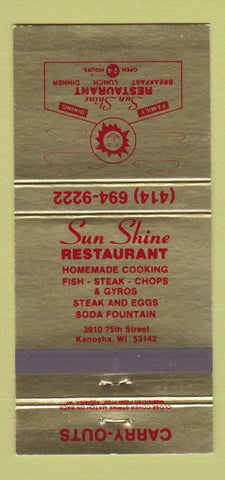 Matchbook Cover - Sun Shine Restaurant Kenosha WI 30 Strike