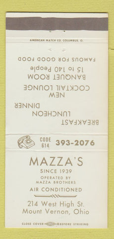 Matchbook Cover - Mazza's Restaurant Mount Vernon OH 30 Strike