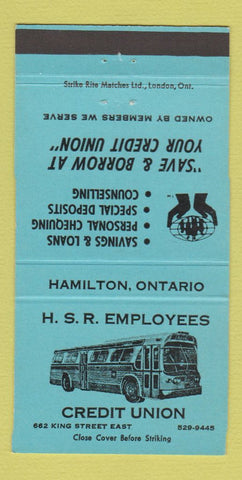 Matchbook Cover - HSR Employees Credit Union Hamilton ON bus BLUE 30 Strike