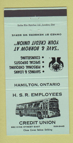 Matchbook Cover - HSR Employees Credit Union Hamilton ON bus GREEN 30 Strike