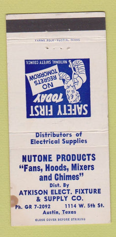 Matchbook Cover - Nutone Products Fans Hoods Mixers Austin TX WEAR 30 Strike