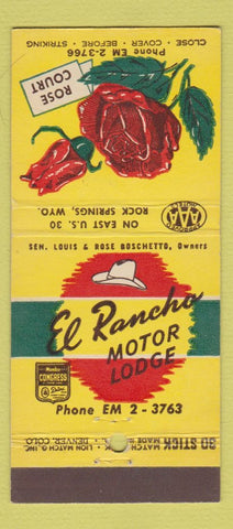 Matchbook Cover - El Rancho Motor Lodge Rose Court Rock Spring WY 30 Stick