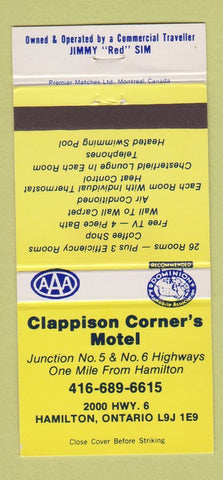 Matchbook Cover - Clappison Corner's Motel Hamilton ON  30 Strike