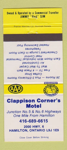 Matchbook Cover - Clappison Corner's Motel Hamilton ON  30 Strike