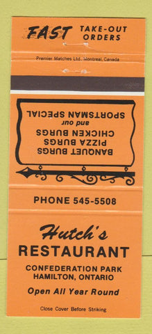 Matchbook Cover - Hutch's Restaurant Hamilton ON ORANGE 30 Strike