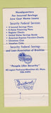 Matchbook Cover - Security Federal Savings Brockton MA 30 Strike