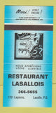 Matchbook Cover - Restaurant Lasallois Lasalle QC BLUE 30 Strike