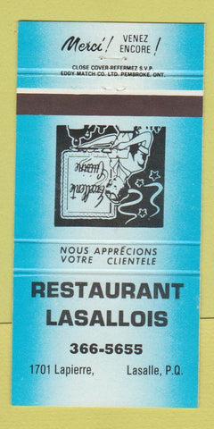 Matchbook Cover - Restaurant Lasallois Lasalle QC BLUE 30 Strike