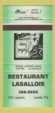 Matchbook Cover - Restaurant Lasallois Lasalle QC GREEN 30 Strike