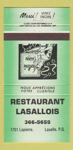 Matchbook Cover - Restaurant Lasallois Lasalle QC GREEN 30 Strike