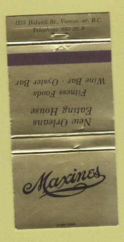 Matchbook Cover - Maxines Restaurant Vancouver BC WEAR 30 Strike