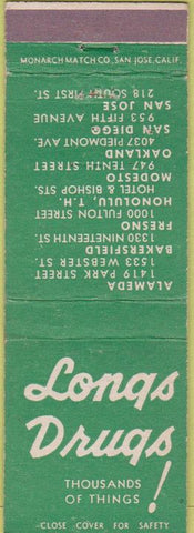 Matchbook Cover - Long's Drugs CA chain Modesto Oakland San Jose