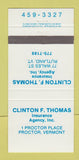Matchbook Cover - Clinton Thomas Insurance Rutland VT Proctor 30 Strike