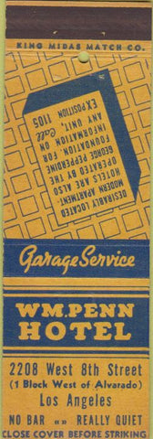 Matchbook Cover - WM Penn Hotel Los Angeles CA King Midas