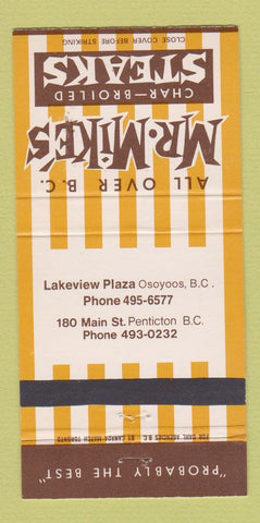Matchbook Cover - Mr Mike's Steaks Osoyoos Penticton BC 30 Strike