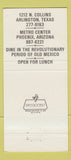 Matchbook Cover - Emiliano's Mexican Food Arlington TX Phoenix AZ 30 Strike