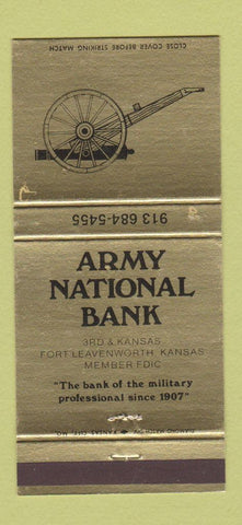 Matchbook Cover - Army National Bank Fort Leavenworth KS GOLD 30 Strike