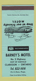 Matchbook Cover - Barney's Motel Clarkston ON GREEN 30 Strike