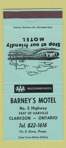 Matchbook Cover - Barney's Motel Clarkston ON GREEN 30 Strike