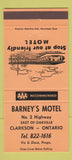 Matchbook Cover - Barney's Motel Clarkston ON ORANGE 30 Strike