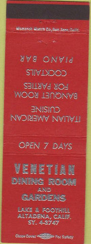 Matchbook Cover - Venetian Restaurant Altadena CA
