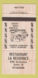 Matchbook Cover - Restaurant La Residence St Lazare QC WEAR 30 Strike